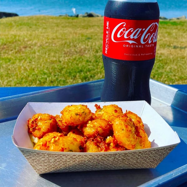 Golden fried tater tots in a paper tray with a Coca-Cola bottle, overlooking a grassy hill and ocean.