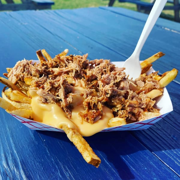 Pulled pork and cheese fries in a paper tray on a blue picnic table.
