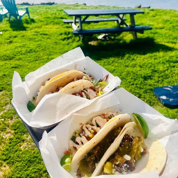 Two tacos with various fillings and lime wedges, set against a grassy outdoor background with a picnic table.